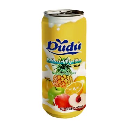 Yellow fruit juice can featuring tropical fruit images (pineapple, orange, apple, pear) on the label.