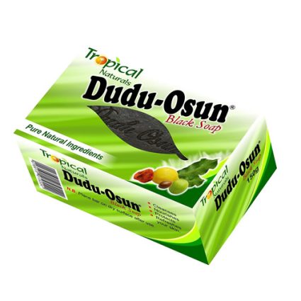 Green box packaging for Tropical Naturals Dudu-Osun Black Soap, showing a black soap bar and fruit/leaf graphics.