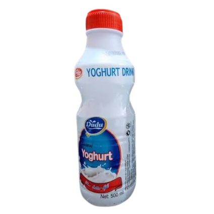White plastic bottle of yoghurt drink with a red cap and blue label reading 'Yoghurt'