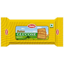 Dukes Glucose biscuits package in a bright yellow wrapper with a green label and an image of the biscuit on the front.