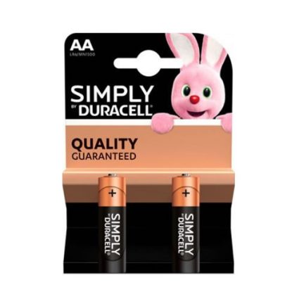 Two AA Duracell Simply batteries in a blister pack, with an orange label and a pink bunny mascot on top.