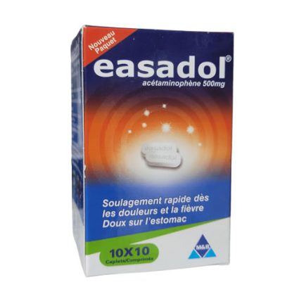 Box of Easadol acetaminophen 500 mg with blue–orange gradient, French text, and 10×10 capsules label on the front.