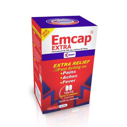 Box of Emcap Extra pain relief medication with bold red and blue design, features text ‘Extra Relief’ and lists pains, aches and fever relief, 10 x 10 capsules