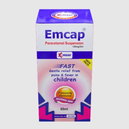 Box of Emcap paracetamol suspension for children (120 mg/5 ml), 60 ml, pleasantly flavored and alcohol-free.
