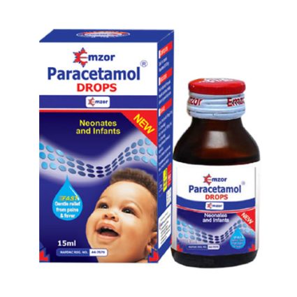Box and bottle of Paracetamol Drops for neonates and infants, showing a smiling baby on the box and blue labels for pain and fever relief.