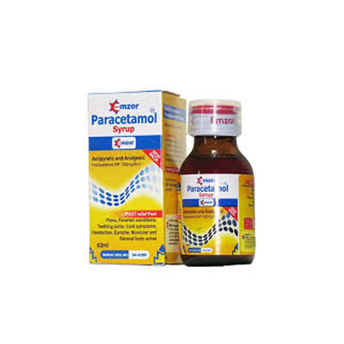 Emzor Paracetamol 120mg-5ml Syrup - Imavug Box and bottle of paracetamol syrup with blue-yellow label on white background, pink cap on bottle