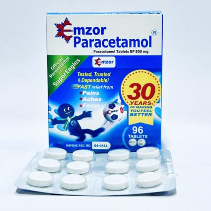 Blue and white Emzor Paracetamol box (Paracetamol 500 mg) with a blister pack of white tablets in front (96 tablets).