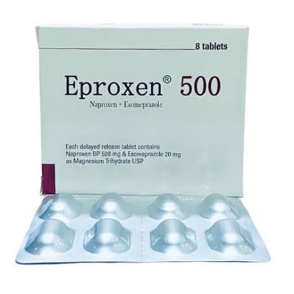 Box labeled Eprosen 500 with eight tablets in a blister pack; contains Naproxen 500 mg and Esomeprazole 20 mg per tablet (medical packaging)