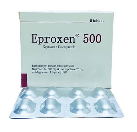 Eproxen 500 Tablets Naproxen 500mg + Esomeprazole 20mg Pack of 8 - Imavug Box labeled Eprosen 500 with eight tablets in a blister pack; contains Naproxen 500 mg and Esomeprazole 20 mg per tablet (medical packaging)