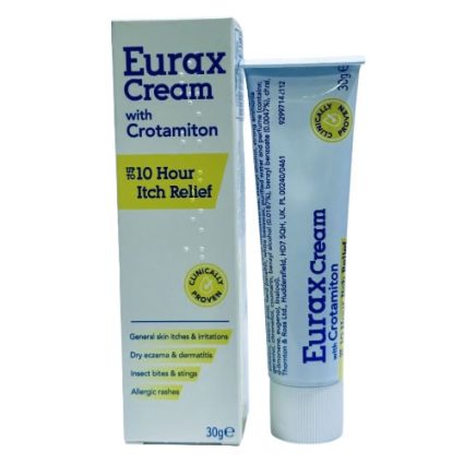 Eurax Cream box and tube labeled with Crota m iton for 10 Hour Itch Relief, 30 g packaging.