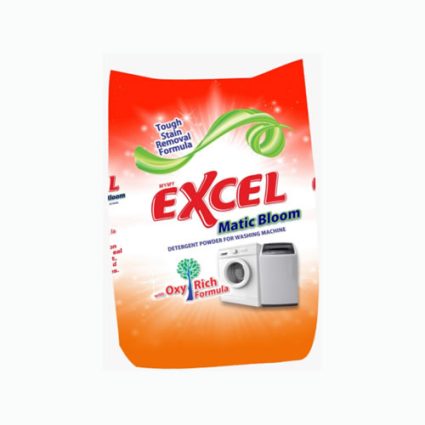 Excel Matic Bloom laundry detergent powder pouch with washing machine image and 'Tough Stain Removal Formula' slogan, for washing machines.