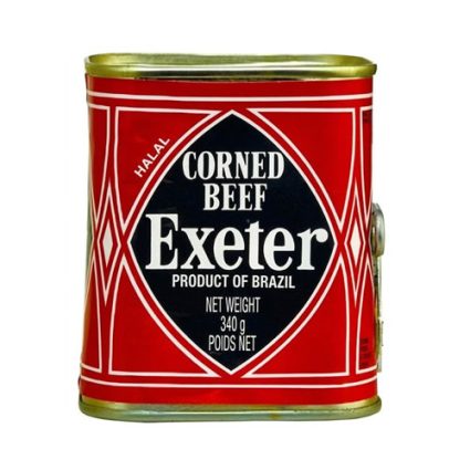 Red tin can of Exeter Corned Beef, product of Brazil, black circular label on red background, net weight 340 g.