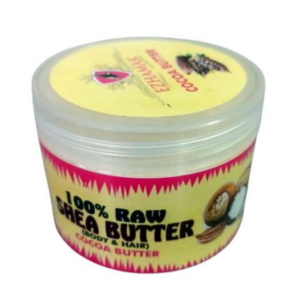 Jars of 100% raw shea butter with a yellow lid and a bright pink label on a white background (cosmetic body butter).