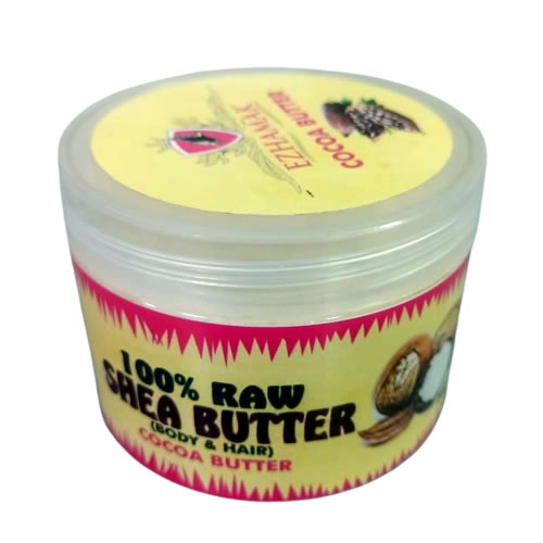 Ezhamak Cocoa Butter Shea Butter - Imavug Jars of 100% raw shea butter with a yellow lid and a bright pink label on a white background (cosmetic body butter).