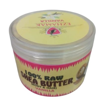 Plastic tub of 100% raw shea butter for body and hair, vanilla scent, yellow label with pink accents.