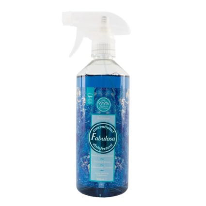 Blue cleaning spray bottle labeled Fabulosa disinfectant with mist spray, for surface cleaning.