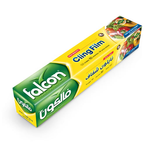 Falcon Cling Film 1500g - Imavug Falcon cling film box with yellow and green packaging, showing 'Cling Film' in English and Arabic and fruit images on the ends.