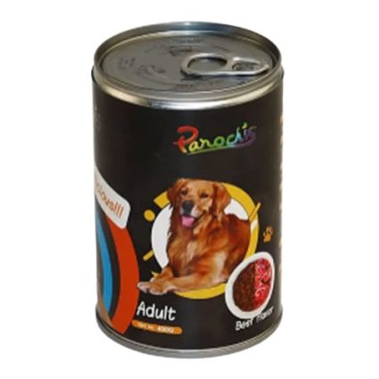 Canned dog food for adults featuring a golden retriever on the label with circular decorative elements.