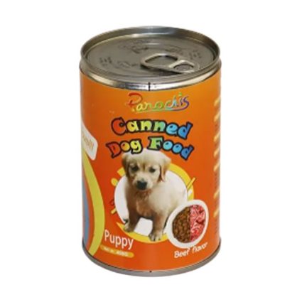 Orange can of canned dog food with a puppy image and beef flavor label on an orange package, for puppies.