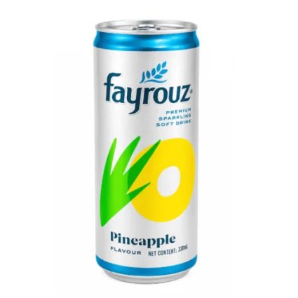 Can of Fayrouz Pineapple sparkling soft drink (330 ml) with blue and white design.