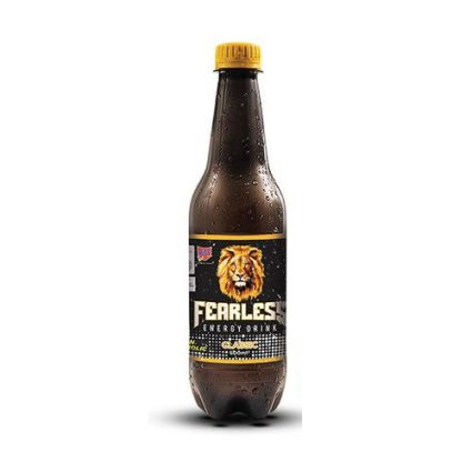 Fearless energy drink bottle with lion label and yellow cap on a white background.