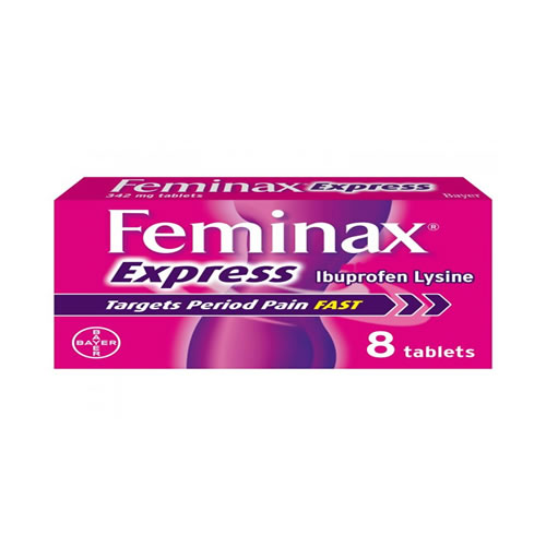 Feminax Express Period Pain Tablets Pack of 8 - Imavug Magenta box of Feminax Express ibuprofen lysine, 8 tablets, with 'Targets Period Pain FAST' on the packaging.