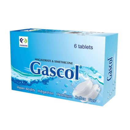 Blue Gascol medicine box (Magaldrate and Simethicone) with 6 tablets, for hyperacidity, indigestion, heartburn, and reflux.