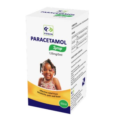 Paracetamol syrup box for children, 125 mg/5 ml, 60 ml, with a smiling child on the front and a note about relief from headache, pain and fever
