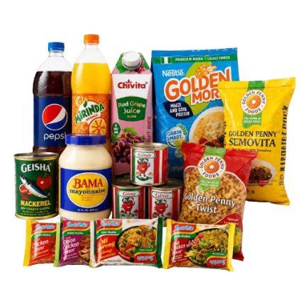 Assorted grocery items including soft drinks, juices, cereals, canned fish, spreads, and snacks.