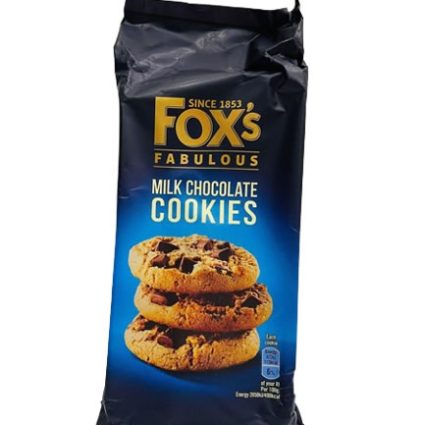 Bag of Fox's Fabulous Milk Chocolate Cookies with stacked cookies pictured on the front.