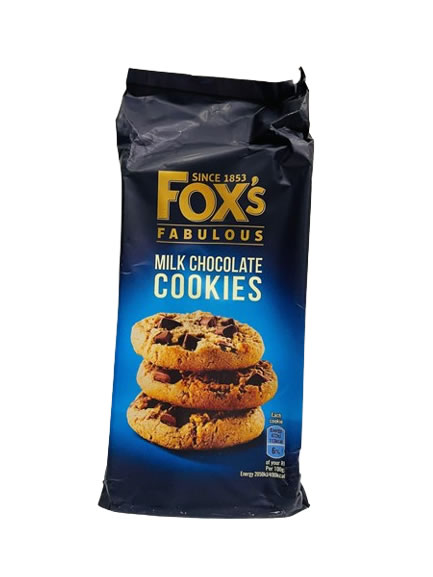 Foxs Fabulous Milk Chocolate Cookies 180g - Imavug Bag of Fox's Fabulous Milk Chocolate Cookies with stacked cookies pictured on the front.