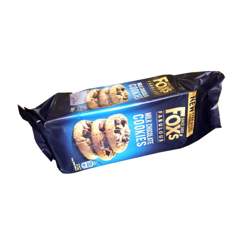 Foxs Fabulous Milk Chocolate Cookies 180g 2 - Imavug Fox's milk chocolate cookies package in blue and purple, lying on its side and ready to snack.