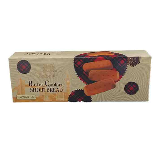 French Meal Isabelle Shortbread Butter Cookies 150g - Imavug Box of butter cookies shortbread, showing rectangular shapes and a beige packaging design with a pastry graphic on the right side.