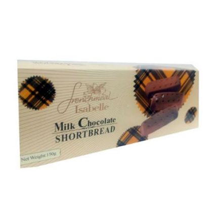 Box of milk chocolate shortbread cookies with plaid accents and an image of chocolate-coated biscuits on the side.