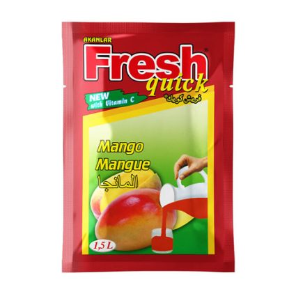 Red pouch labeled 'Fresh quick' mango juice with pictures of mangoes; a hand pouring juice into a glass on the front of the package.