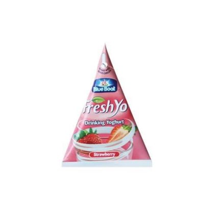 Pink pyramid-shaped carton of FreshYo strawberry drinking yoghurt by Blue Boat, with strawberry image on the label.