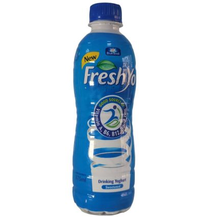 Blue bottle of Fresh Yo drinking yoghurt with a white label and cap; shows 'New' and nutrition badge on front.