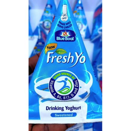 Blue FreshYo Drinking Yogurt tetra Pak with Blue Boat logo and 'Sweetened' label