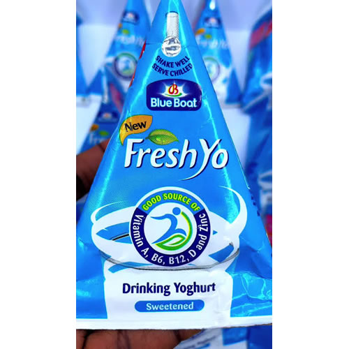 FreshYo Drinking Yoghurt Sweetened Plain 115ml Mini Pocket Pack - Imavug Blue FreshYo Drinking Yogurt tetra Pak with Blue Boat logo and 'Sweetened' label