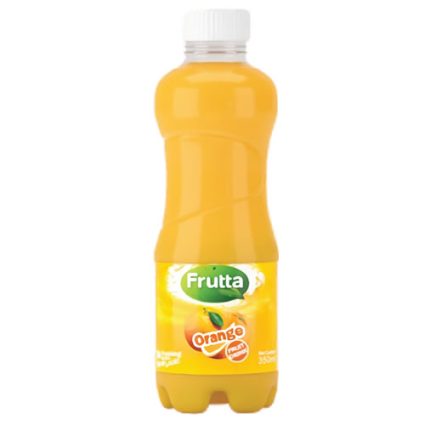 Orange juice bottle with white cap and Frutta label against a white background, 350 ml likely size