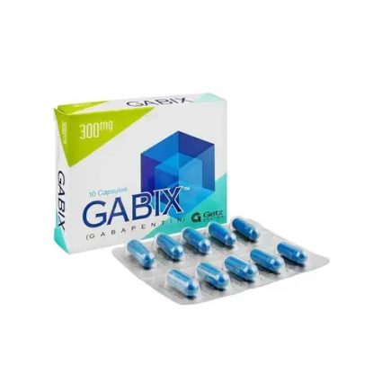 Gabix brand box with blue capsules in a blister pack placed beside it; box shows 'Gabix' and '300 mg'.