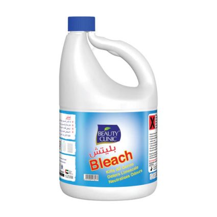 White plastic bleach bottle with blue cap and a blue Beauty Clinic Bleach label on the front