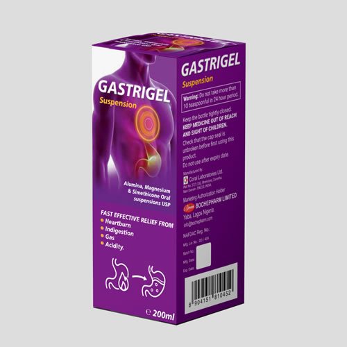 Gastrigel 200ml Dual-Action Antacid Anti-Gas Oral Suspension - Imavug Purple Gastrigel suspension box (200 ml) for heartburn, indigestion, gas, and acidity; shows ingredients and barcode on the side.