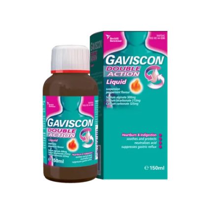 Gaviscon Double Action Liquid bottle and matching teal-pink box, 150 ml, for heartburn and indigestion relief.