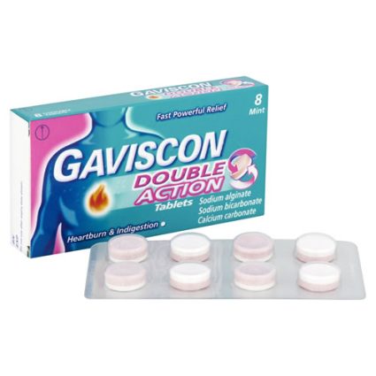 Box of GavisCon Double Action tablets for heartburn relief, shown with a blister pack of eight pink-white tablets.