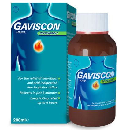 Gaviscon Peppermint liquid - box and bottle showing relief for heartburn and acid indigestion (200 ml).