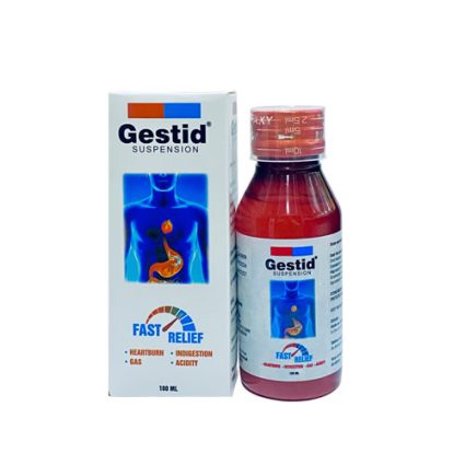 Box and bottle of Gestid Suspension, a fast-relief medicine for heartburn, indigestion, gas, and acidity, shown with the pink liquid and label clearly visible.