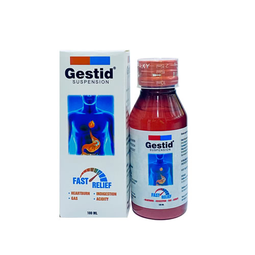Gestid 100ml Travel-Size Antacid Anti-Gas Oral Suspension - Imavug Box and bottle of Gestid Suspension, a fast-relief medicine for heartburn, indigestion, gas, and acidity, shown with the pink liquid and label clearly visible.