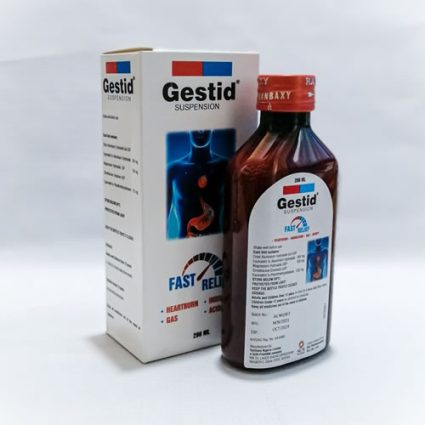 Bottle of Gestid Suspension next to its cardboard box, labeled Fast Relief, on a white backdrop.
