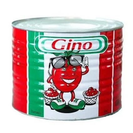 Canned tomatoes labeled 'Gino' with a cartoon tomato wearing sunglasses and sneakers, standing with baskets of tomatoes on a red-green-white striped can.
